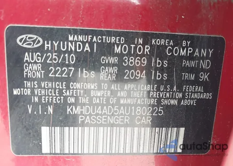 2010 Hyundai Elantra Gls z USA, uszkodzony, nr VIN KMHDU4AD5AU180225